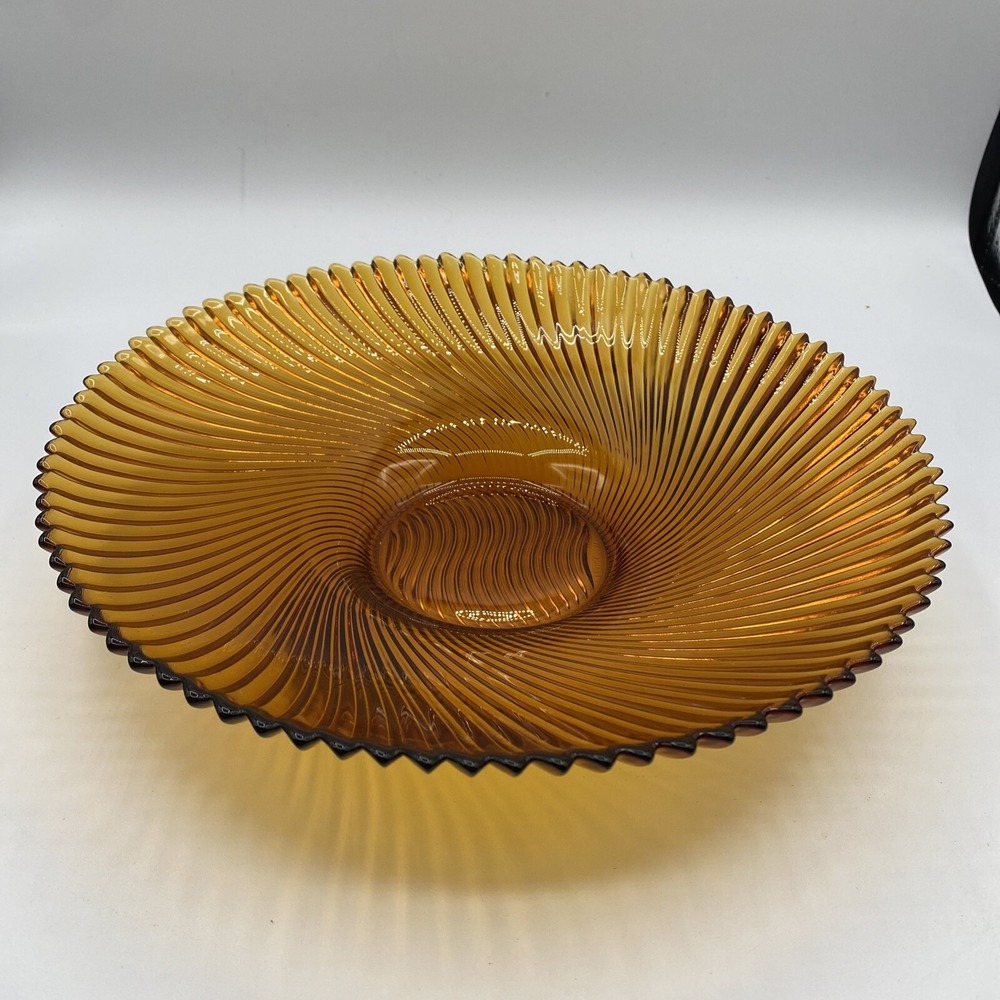 Vtg Amber Glass Bowl Swirl‎ Pattern Sawtooth Edge made in  France